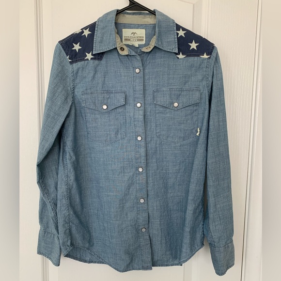 Tops - Blue Star-Accent Denim Button-Down Shirt